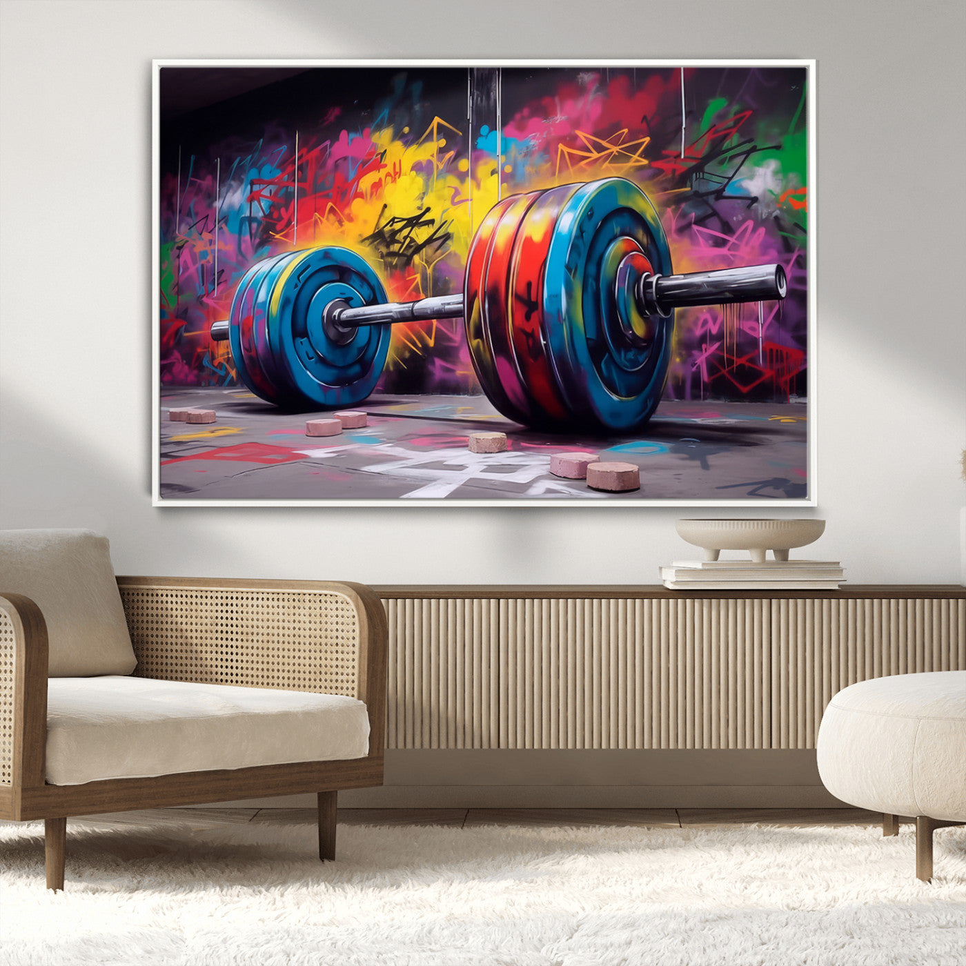 13549-MGV-CV-36X24-Graffiti Gym Wall Art Canvas Print, Framed Graffiti Barbell Art Picture Print, Weightlifting Perfect Fitness Studio Decor Artwork