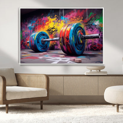 13549-MGV-CV-36X24-Graffiti Gym Wall Art Canvas Print, Framed Graffiti Barbell Art Picture Print, Weightlifting Perfect Fitness Studio Decor Artwork