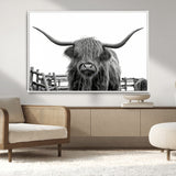 58188-MGV-CV-36X24-Highland Cow Wall Art – Black and White Rustic Farmhouse Canvas Print, Longhorn Cattle Photography Decor for Living Room or