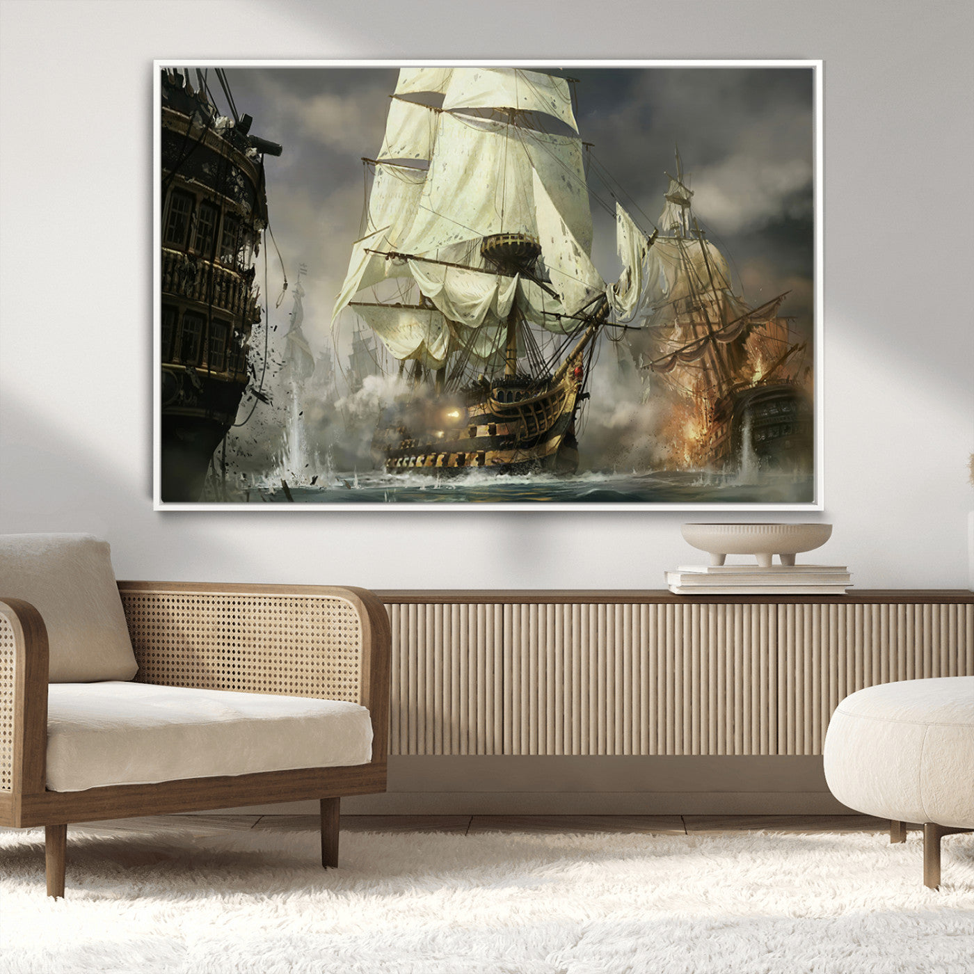 26512-MGV-CV-36X24-Naval Battle Wall Art – Dramatic Tall Ship Canvas Print, Historic Pirate Sailing War Scene, Nautical Decor for Office, Study or
