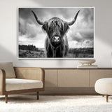 17924-MGV-CV-36X24-Highland Cow Wall Art – Black and White Rustic Longhorn Cattle Canvas Print, Farmhouse Animal Photography Decor for Country Home