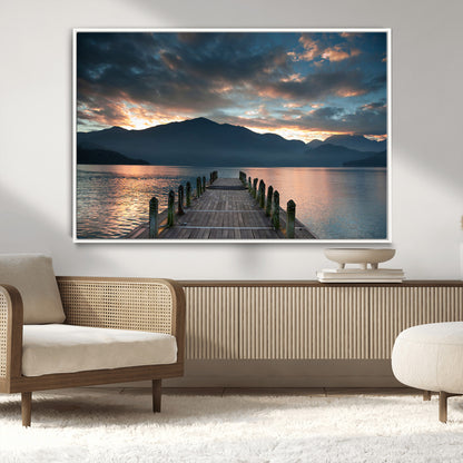 20442-MGV-CV-36X24-Lakeside Sunset Dock Wall Art – Peaceful Mountain Lake Canvas Print, Serene Nature Landscape Decor for Living Room, Bedroom or