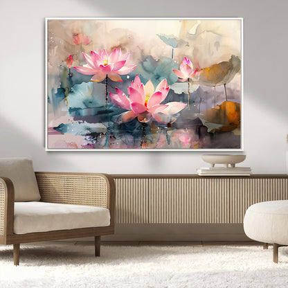 27936-MGV-CV-36X24-Lotus Pond Wall Art – Watercolor Pink Lotus Flowers Canvas Print, Tranquil Botanical Artwork for Bedroom, Living Room or