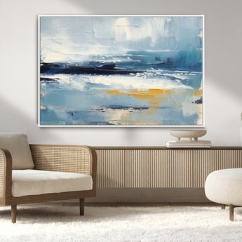 19746-MGV-CV-36X24-Abstract Ocean Wall Art – Modern Coastal Canvas Print with Blue, White and Gold Textures, Contemporary Seascape Painting for