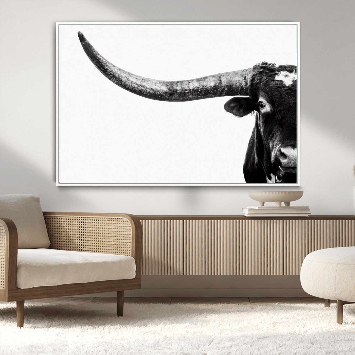 31699-MGV-CV-36X24-Longhorn Wall Art – Black and White Texas Longhorn Cow Canvas Print, Rustic Western Farmhouse Artwork for Living Room, Bedroom or