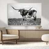 94709-MGV-CV-36X24-Texas Longhorn Wall Art – Black and White Bull Photography Canvas Print, Western Farmhouse Wall Decor for Living Room, Office or