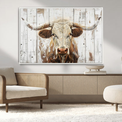 71551-MGV-CV-36X24-Longhorn Bull Wall Art – Rustic Western Cow Canvas Print, Farmhouse Animal Painting with Wood Plank Style for Living Room, Office