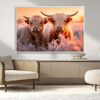 68253-MGV-CV-36X24-Highland Cow Wall Art – Rustic Farmhouse Cattle Canvas Print, Frosty Sunset Animal Artwork for Living Room, Bedroom or Country