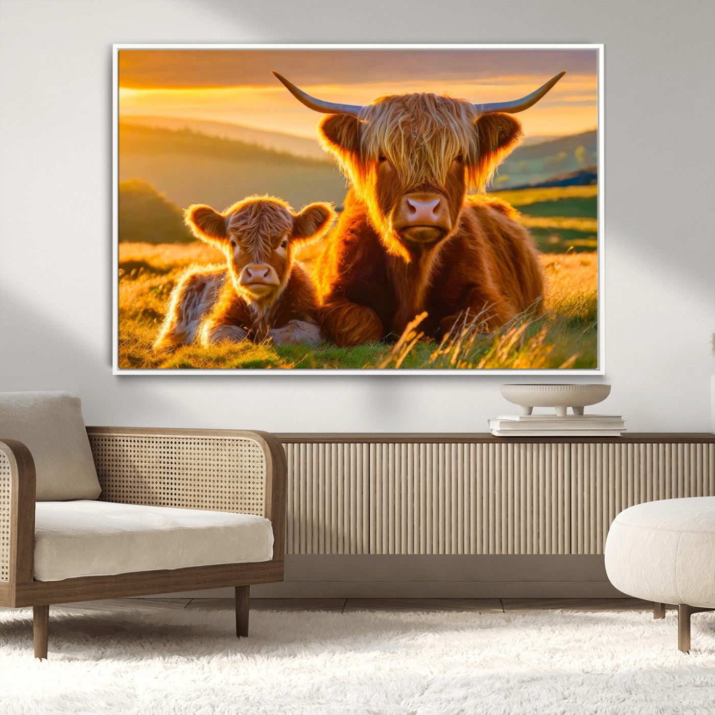 20567-MGV-CV-36X24-Highland Cow and Calf Wall Art – Rustic Farmhouse Sunset Cattle Canvas Print, Country Animal Artwork for Living Room, Bedroom, or