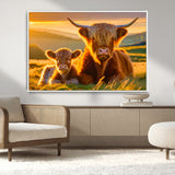 20567-MGV-CV-36X24-Highland Cow and Calf Wall Art – Rustic Farmhouse Sunset Cattle Canvas Print, Country Animal Artwork for Living Room, Bedroom, or