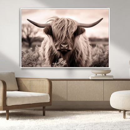 55903-MGV-CV-36X24-Highland Cow Wall Art – Rustic Sepia Scottish Highland Bull Canvas Print, Farmhouse Country Animal Decor for Living Room, Bedroom