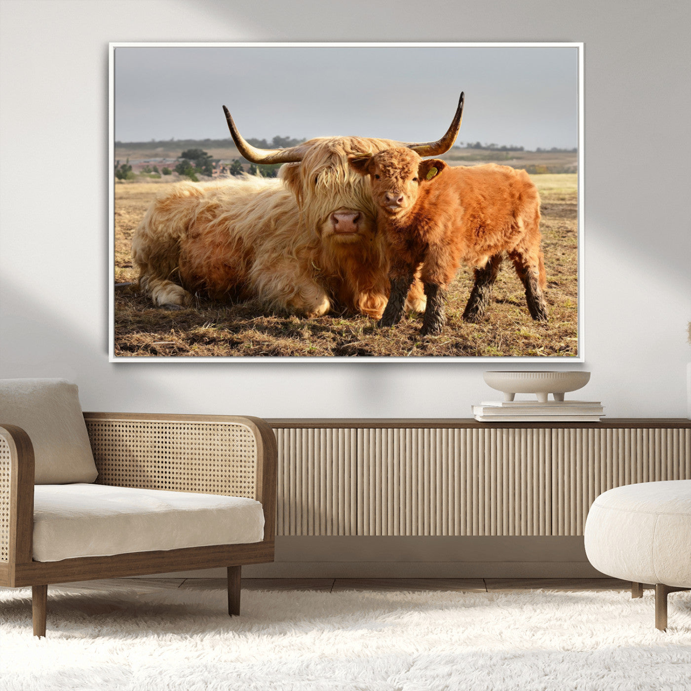 53461-MGV-CV-36X24-Highland Cow Family Wall Art – Rustic Farmhouse Animal Canvas Print, Country Decor for Living Room, Bedroom or Office, Calf and