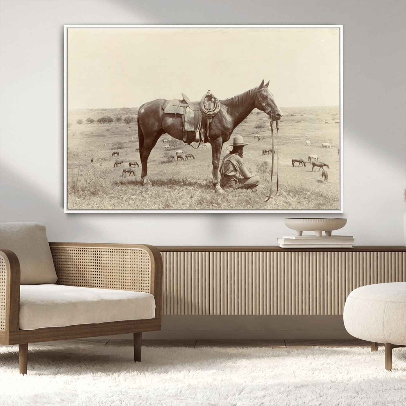 65028-MGV-CV-36X24-Cowboy and Horse Wall Art – Vintage Western Canvas Print, Rustic Country Decor for Living Room, Office or Man Cave