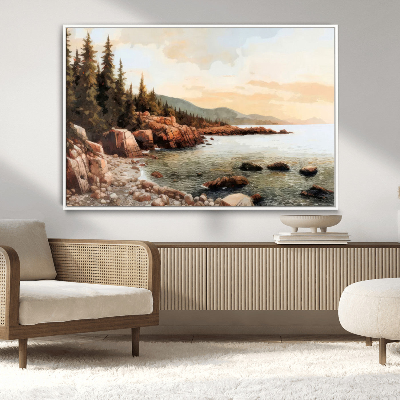 77145-MGV-CV-36X24-Coastal Landscape Wall Art – Panoramic Rocky Shoreline and Pine Trees Canvas Print, Rustic Nature Decor for Cabin, Lodge, Office,
