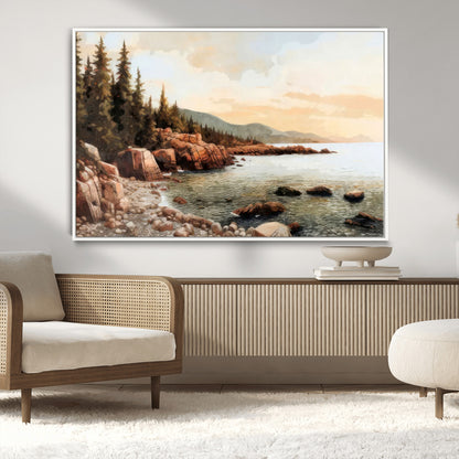 77145-MGV-CV-36X24-Coastal Landscape Wall Art – Panoramic Rocky Shoreline and Pine Trees Canvas Print, Rustic Nature Decor for Cabin, Lodge, Office,