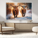 50490-MGV-CV-36X24-Highland Cow Wall Art – Rustic Panoramic Canvas Print Two Cattle Snowy Landscape, Farmhouse Country Decor for Living Room Office