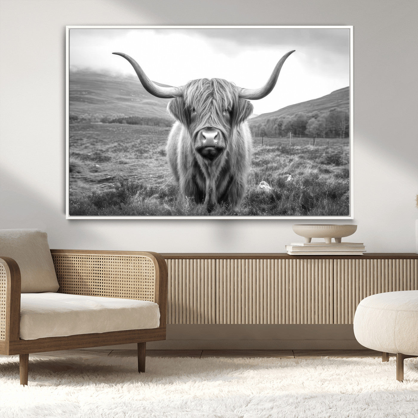 52903-MGV-FC-36X24_White-Highland Cow Wall Art – Black and White Canvas Print Rustic Cattle Portrait, Farmhouse Country Decor for Living Room, Office,