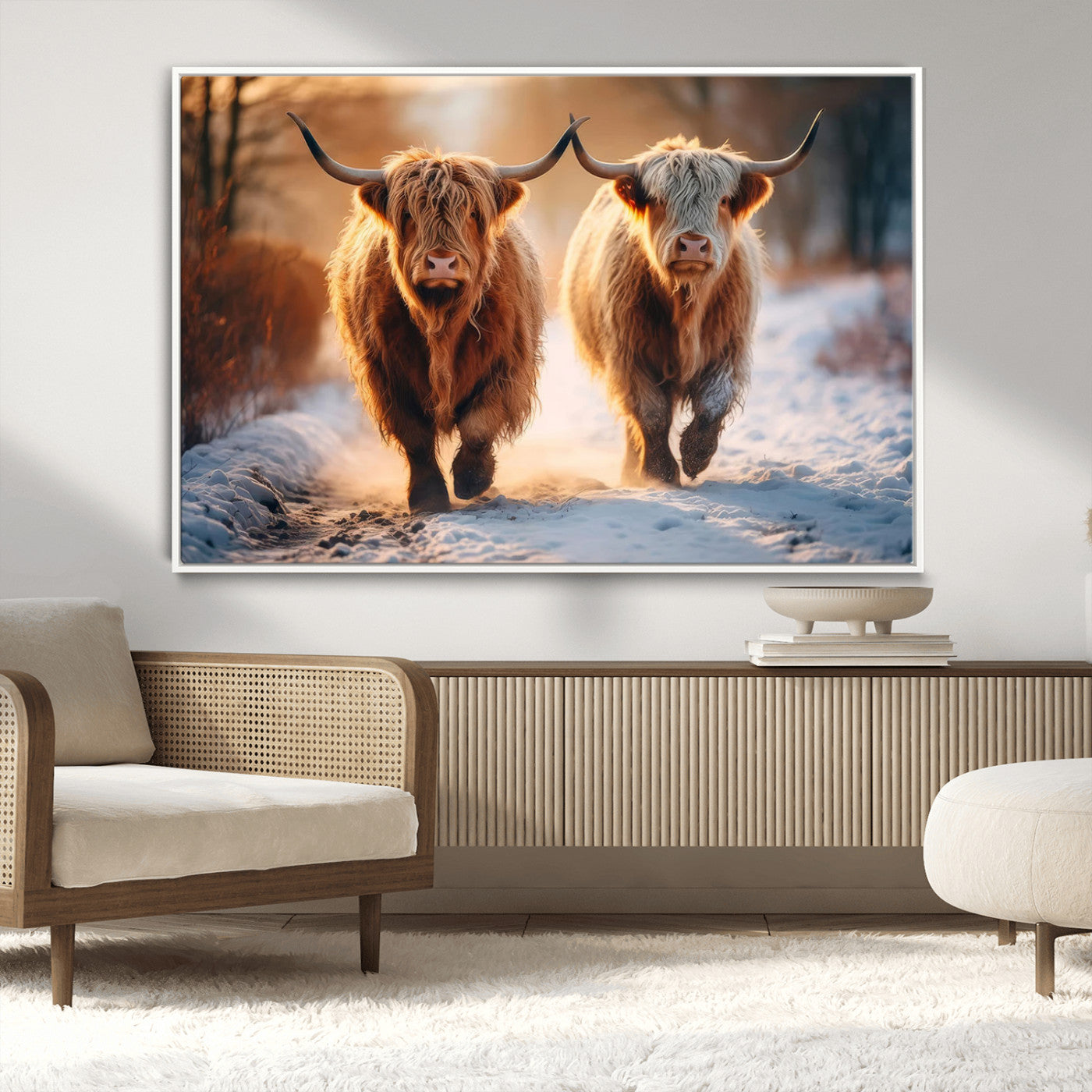 94810-MGV-CV-36X24-Highland Cow Wall Art – Rustic Canvas Print Two Cattle Snow Path Sunset, Farmhouse Country Decor for Living Room, Bedroom, Office,