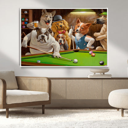 34228-MGV-CV-36X24-Dogs Playing Pool Wall Art Canvas Print, Framed Funny Dog Art Picture Print, Dog Perfect Game Room Decor Artwork