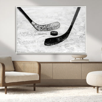 82900-MGV-CV-36X24-Hockey Wall Art – Black and White Canvas Print Ice Rink Sticks Puck Sports Photography, Modern Decor for Game Room, Man Cave,