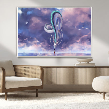 66864-MGV-CV-36X24-Fantasy Dragon Wall Art – Mystical Canvas Print Girl and Sky Serpent Dreamlike Clouds, Magical Anime Inspired Decor for Living