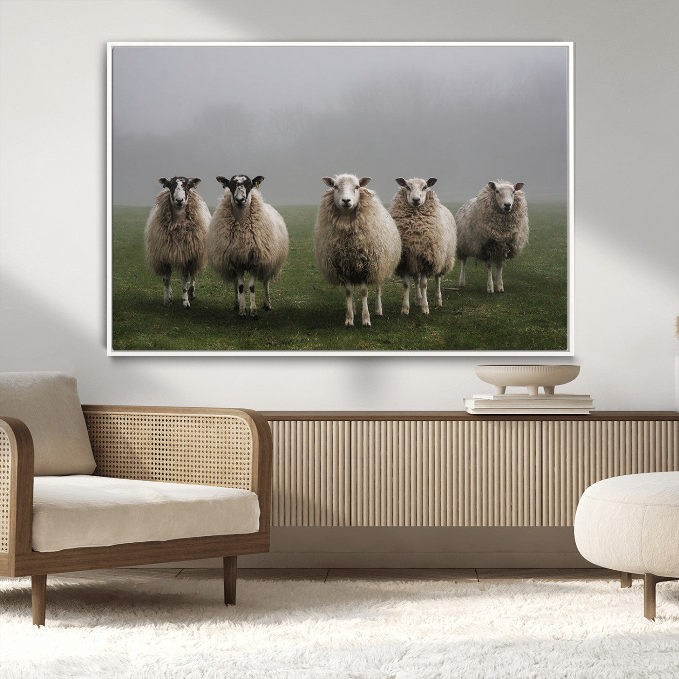 87339-MGV-CV-36X24-Sheep Wall Art – Rustic Farmhouse Canvas Print Flock Standing Misty Field Countryside Photography, Country Animal Decor for Living