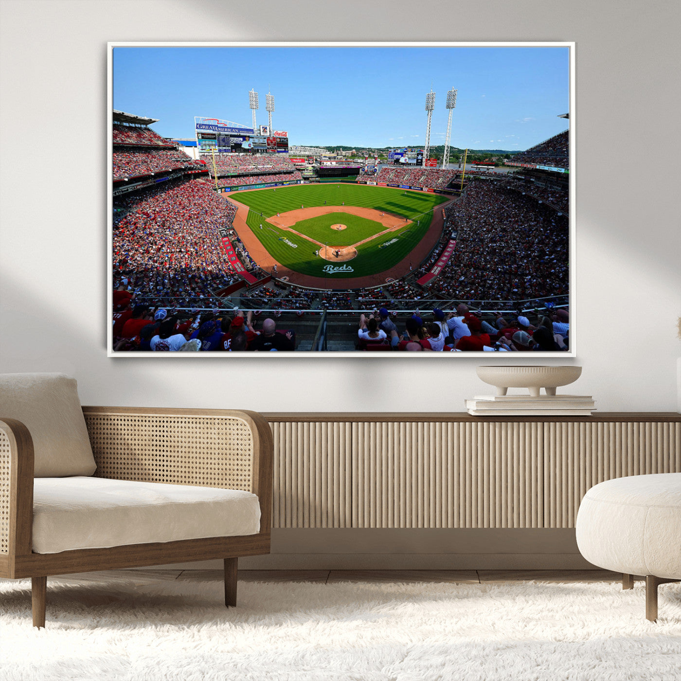 90998-MGV-CV-36X24-Baseball Stadium Wall Art – Canvas Print Day Game Field Packed Crowd Bright Blue Sky Sports Photography, Classic Decor for Game