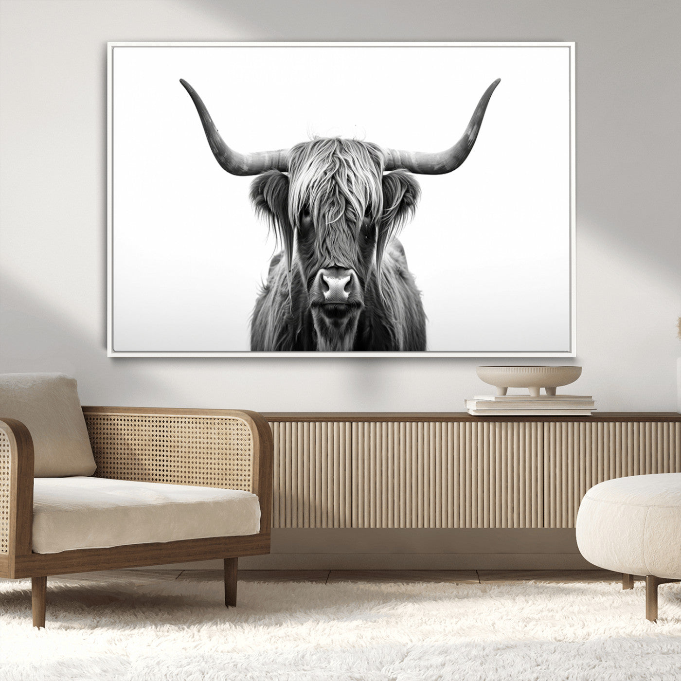 49556-MGV-CV-36X24-Highland Cow Wall Art – Black and White Scottish Highland Cattle Print, Rustic Farmhouse Minimalist Animal Portrait Canvas for