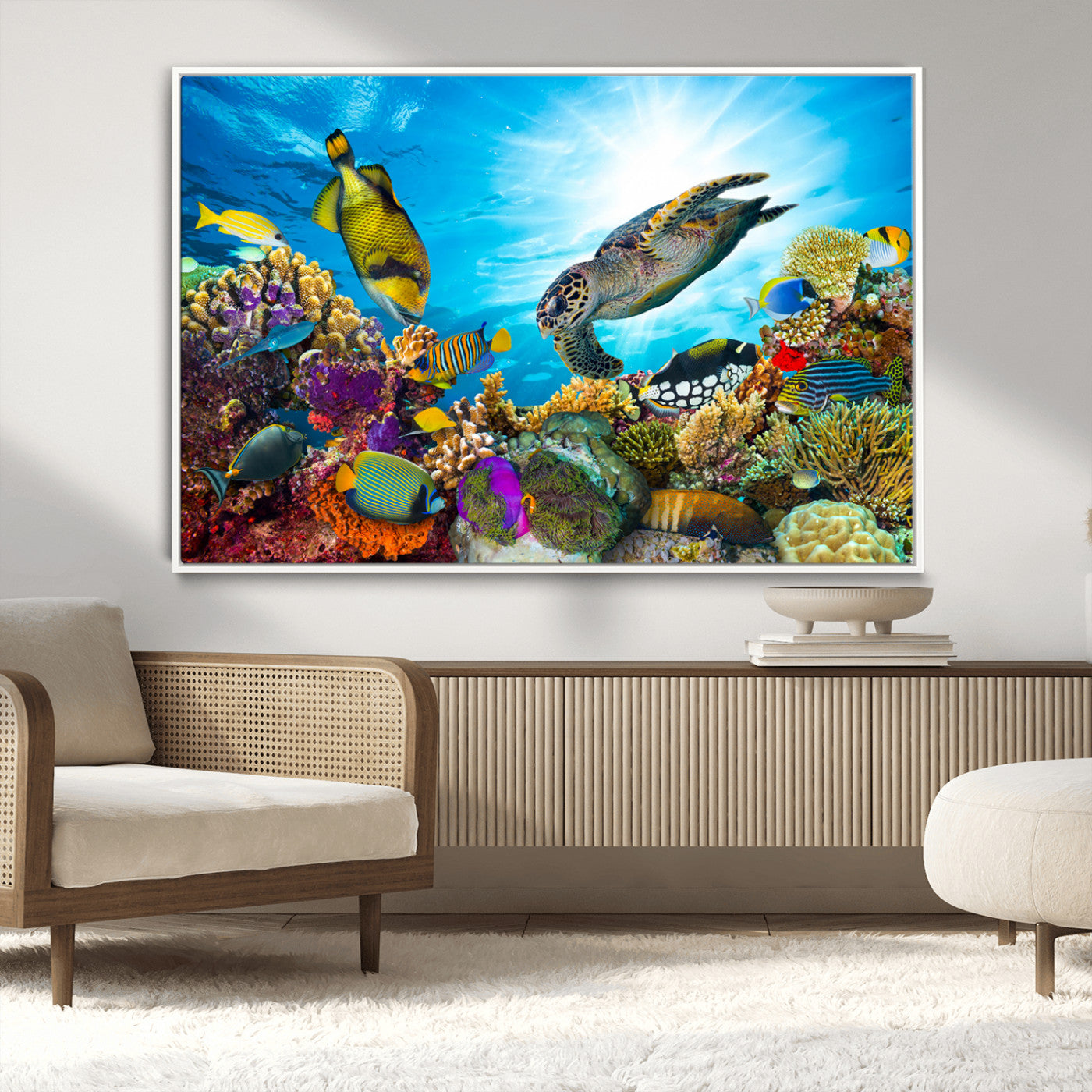 44772-MGV-CV-36X24-Underwater Sea Turtle Wall Art – Vibrant Coral Reef and Tropical Fish Canvas Print, Ocean Marine Life Decor for Living Room,