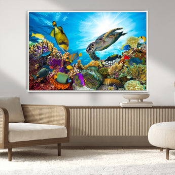 44772-MGV-CV-36X24-Underwater Sea Turtle Wall Art – Vibrant Coral Reef and Tropical Fish Canvas Print, Ocean Marine Life Decor for Living Room,