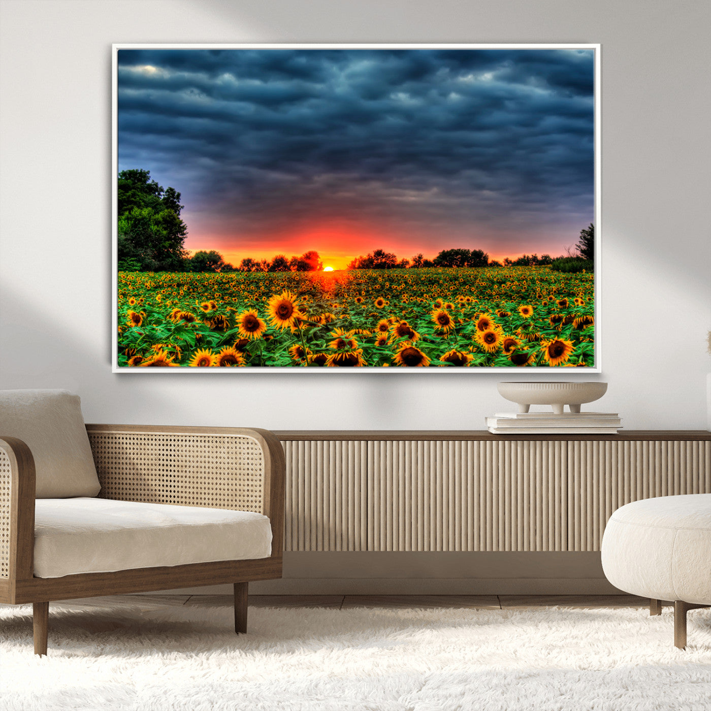 45045-MGV-CV-36X24-Sunflower Field Sunset Wall Art – Dramatic Stormy Sky Landscape Print, Vibrant Yellow Floral Nature Canvas for Living Room,