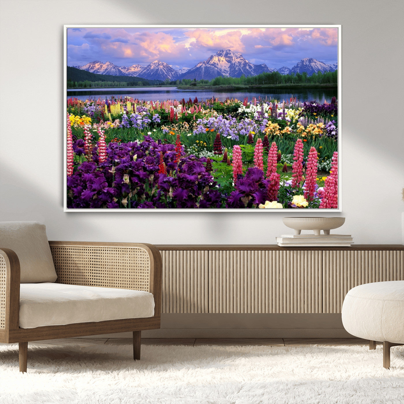 82270-MGV-CV-36X24-Colorful Wildflower Meadow Landscape Wall Art – Snow-Capped Mountain Lake Sunset Print, Vibrant Nature Artwork for Living Room,