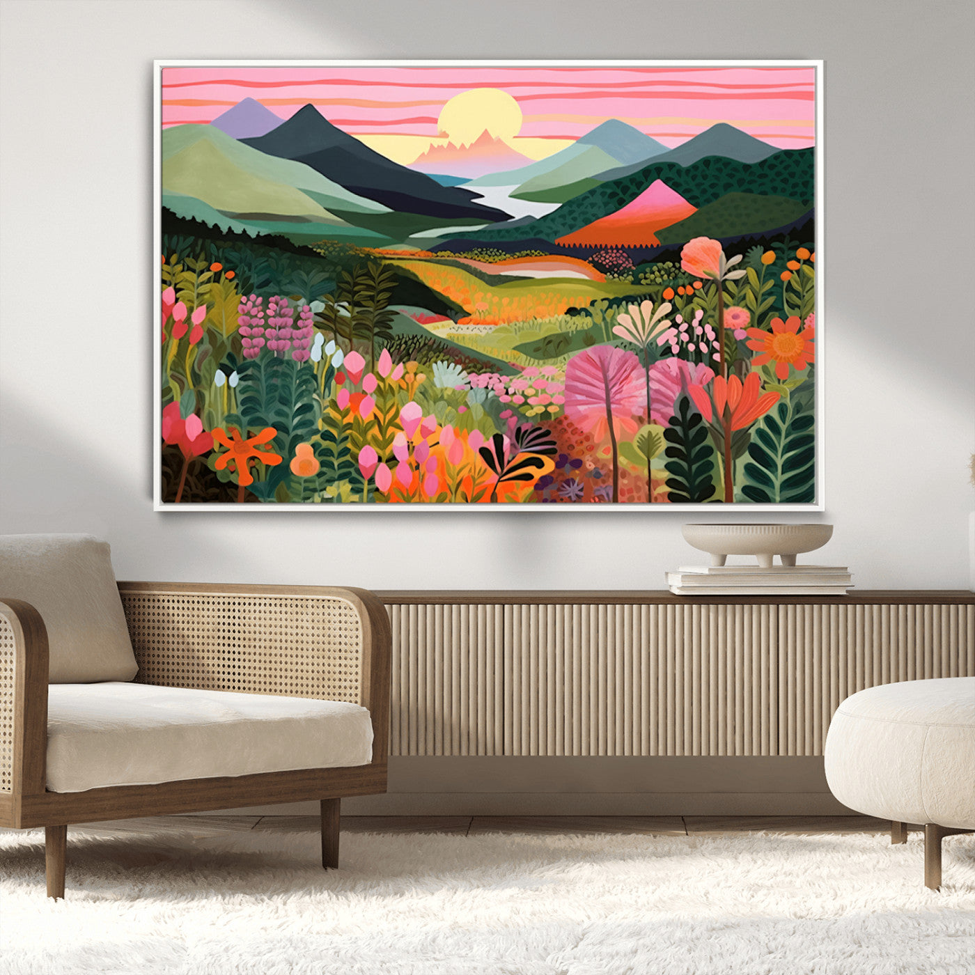 99638-MGV-CV-36X24-Sunset Meadow Wall Art – Panoramic Mountain Landscape with Wildflowers Canvas Print, Vibrant Nature Decor for Living Room, Bedroom