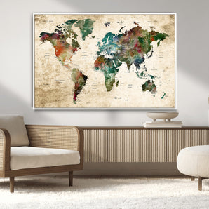 45128-MGV-CV-36X24-Watercolor World Map Canvas Wall Art – Vintage Style Travel Map Print, Large Framed Wall Decor for Living Room, Bedroom, Home or Office