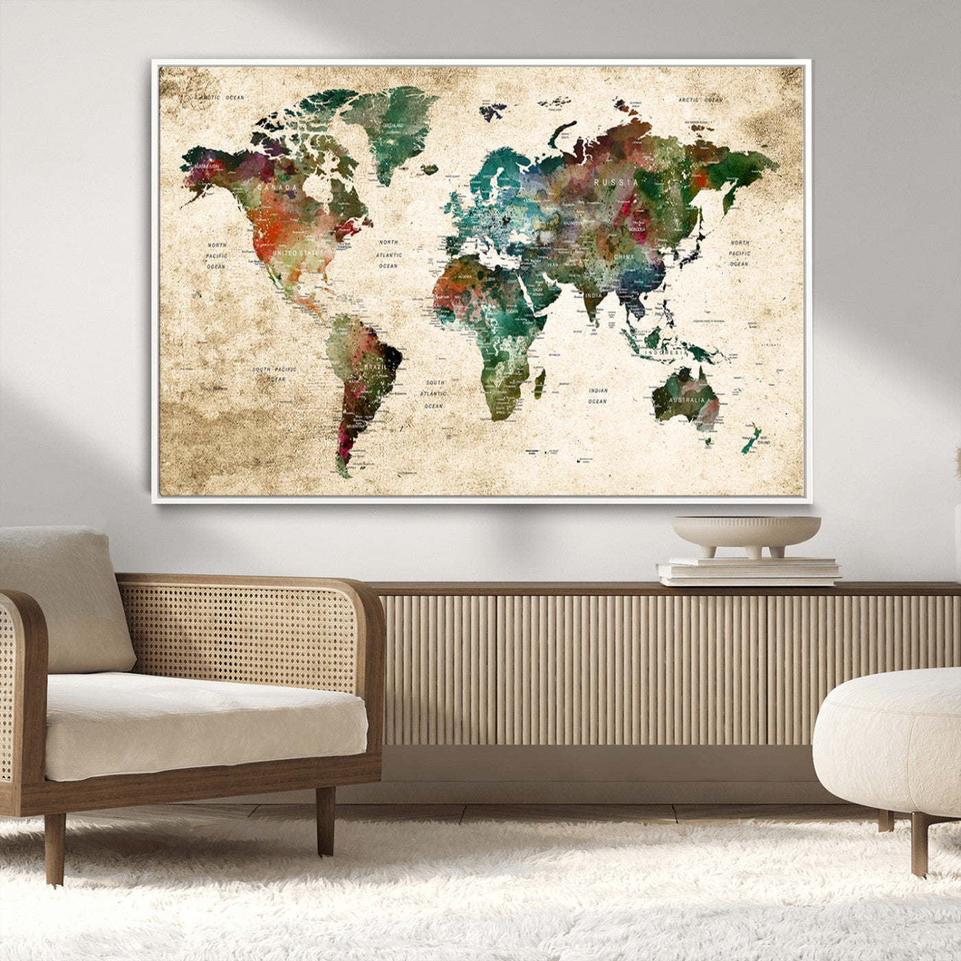 45128-MGV-CV-36X24-Watercolor World Map Canvas Wall Art – Vintage Style Travel Map Print, Large Framed Wall Decor for Living Room, Bedroom, Home or Office