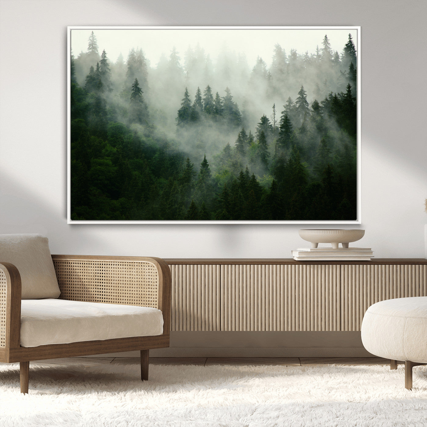 167720496-MGV-CV-36X24-Misty Forest Wall Art – Serene Evergreen Trees Canvas Print, Foggy Mountain Nature Landscape Decor for Bedroom, Living Room or