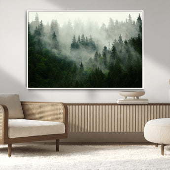 167720496-MGV-CV-36X24-Misty Forest Wall Art – Serene Evergreen Trees Canvas Print, Foggy Mountain Nature Landscape Decor for Bedroom, Living Room or