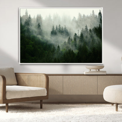 167720496-MGV-CV-36X24-Misty Forest Wall Art – Serene Evergreen Trees Canvas Print, Foggy Mountain Nature Landscape Decor for Bedroom, Living Room or