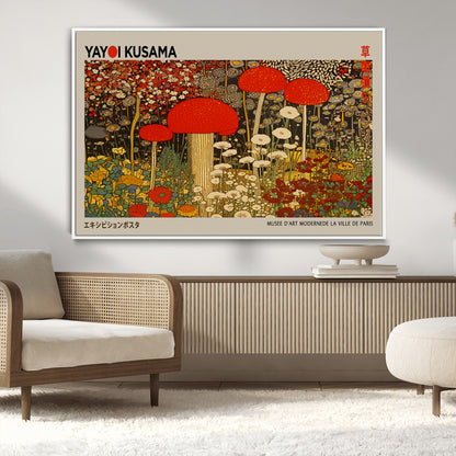 38013-MGV-CV-36X24-Yayoi Kusama Inspired Mushroom Garden Wall Art – Whimsical Botanical Canvas Print, Surreal Nature Poster, Fantasy Floral Artwork