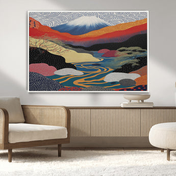 32131-MGV-CV-36X24-Japanese Mount Fuji Wall Art – Abstract Landscape Canvas Print with Swirling Sky & River, Modern Minimalist Asian Inspired Poster