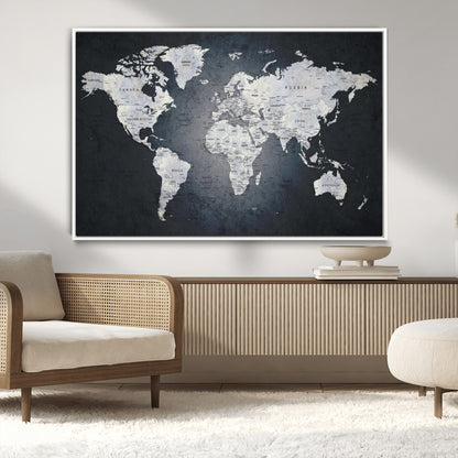 19124-MGV-CV-36X24-Modern World Map Wall Art – Black and White Canvas Print, Minimalist Global Map Decor for Office, Study, Bedroom or Living Room