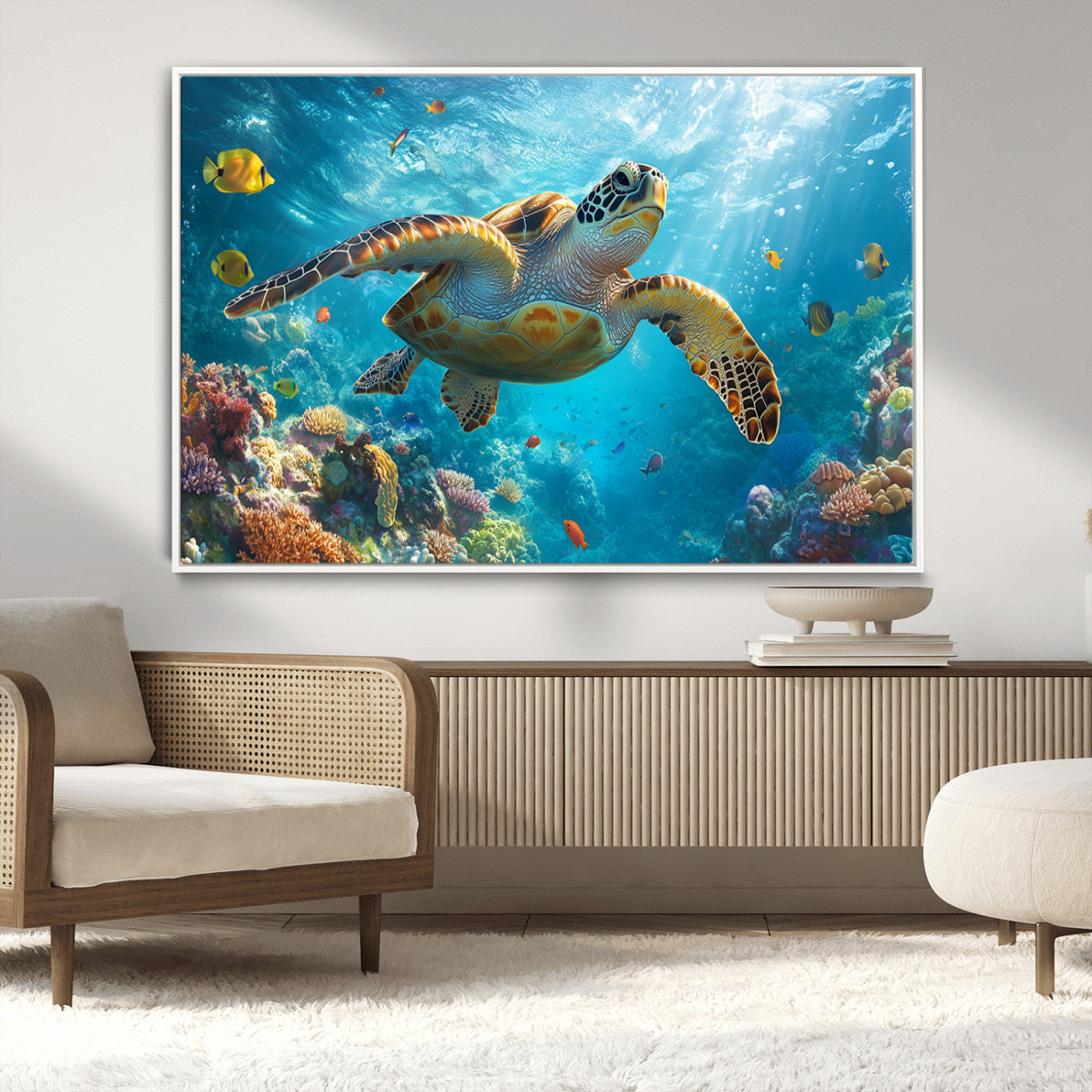 37623-MGV-CV-36X24-Sea Turtle Wall Art – Underwater Ocean Canvas Print with Coral Reef and Tropical Fish, Marine Life Painting Poster for Living