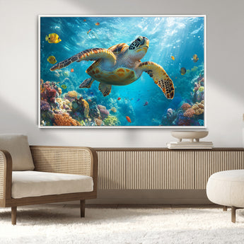 37623-MGV-CV-36X24-Sea Turtle Wall Art – Underwater Ocean Canvas Print with Coral Reef and Tropical Fish, Marine Life Painting Poster for Living