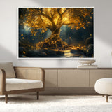 92739-MGV-CV-36X24-Glowing Tree Wall Art – Enchanted Golden Forest Canvas Print, Mystical Illuminated Nature Painting Poster for Living Room,