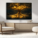 59580-MGV-CV-36X24-Glowing Tree Wall Art – Golden Fantasy Nature Canvas Print, Mystical Illuminated Tree Painting Poster for Living Room, Bedroom,