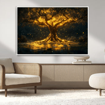 59580-MGV-CV-36X24-Glowing Tree Wall Art – Golden Fantasy Nature Canvas Print, Mystical Illuminated Tree Painting Poster for Living Room, Bedroom,