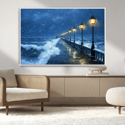 32668-MGV-CV-36X24-Stormy Pier Wall Art – Ocean Waves and Street Lamps Canvas Print, Rainy Night Seascape Oil Painting Poster for Living Room,