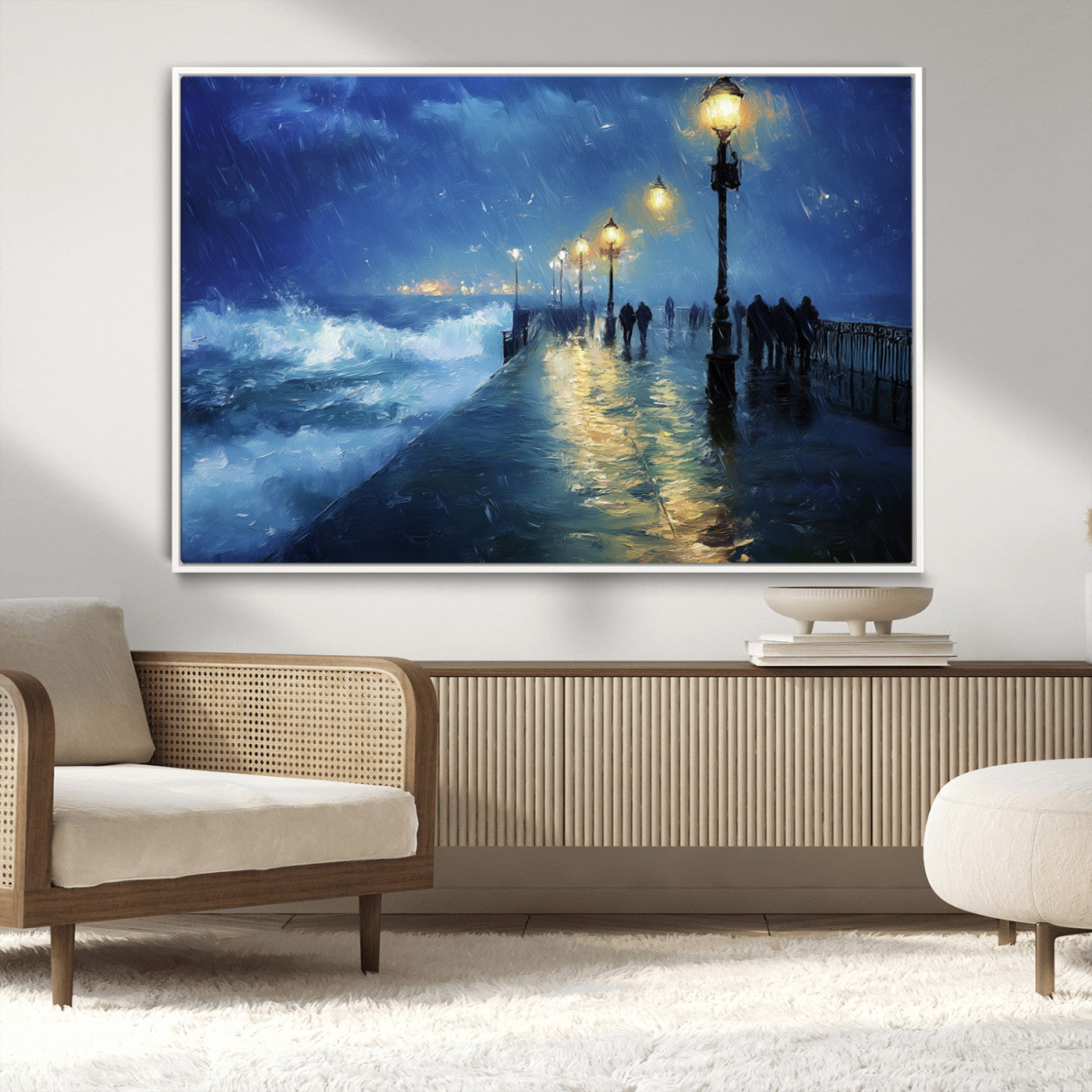76572-MGV-CV-36X24-Stormy Night Pier Wall Art – Ocean Waves and Street Lamps Canvas Print, Rainy Seascape Oil Painting Poster for Living Room,