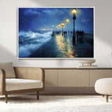 76572-MGV-CV-36X24-Stormy Night Pier Wall Art – Ocean Waves and Street Lamps Canvas Print, Rainy Seascape Oil Painting Poster for Living Room,