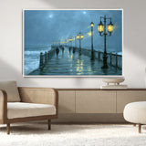 79606-MGV-CV-36X24-Rainy Pier Night Wall Art – Ocean Waves and Street Lamps Canvas Print, Moody Seascape Oil Painting Poster for Living Room,